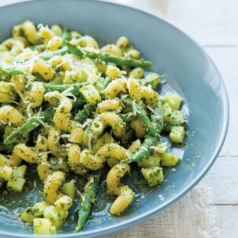 Cavatappi with pesto, potatoes & green beans
