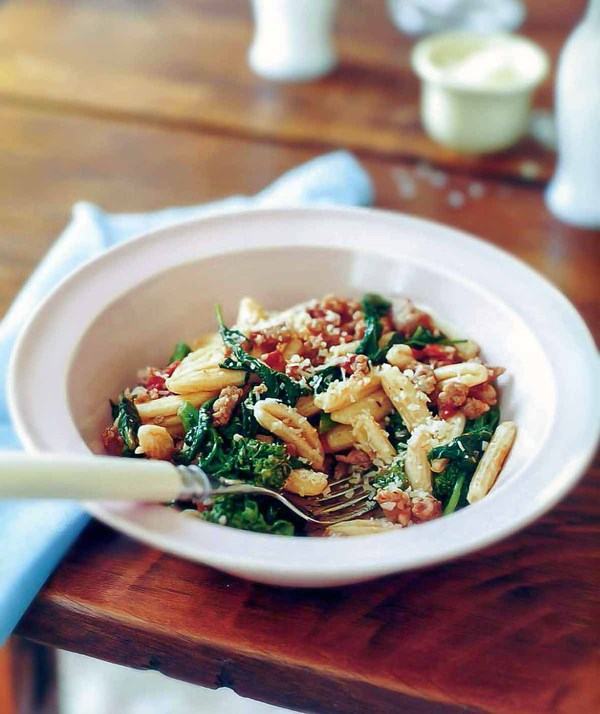 Cavatelli with turkey sausage, tomato, and broccoli rabe