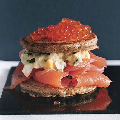 Caviar and salmon blini tortes