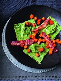 Cavolo nero ravioli with roasted squash and crispy pancetta