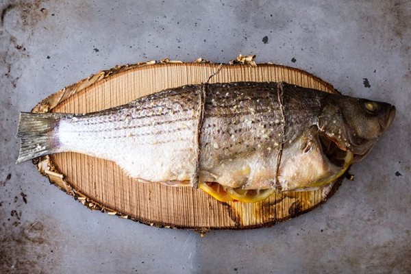 Cedar plank grilled sea bass (loup de mer) 