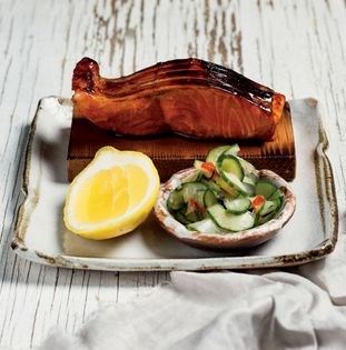 Cedar plank roast salmon with grapefruit miso