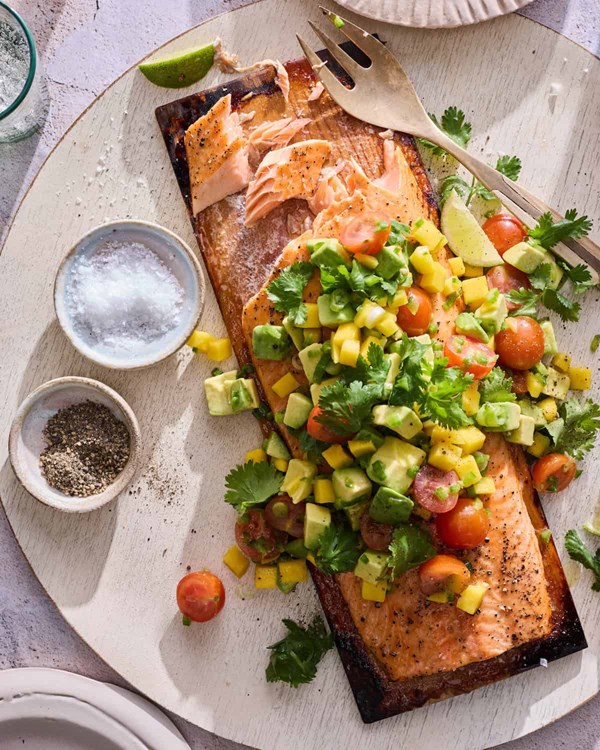 Cedar plank salmon with mango salsa
