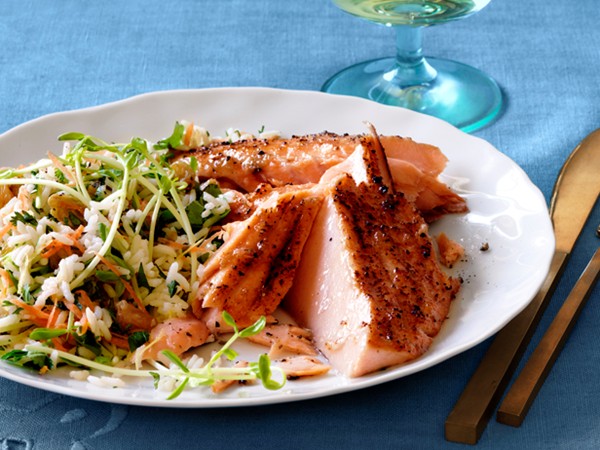 Cedar plank salmon with maple-ginger glaze