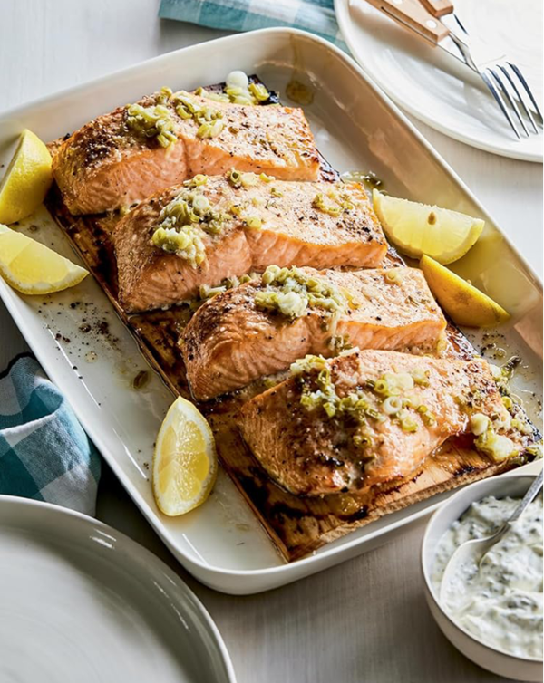 Cedar plank salmon with tartar sauce