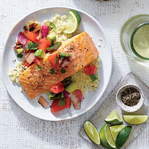 Cedar plank salmon with tomato salsa