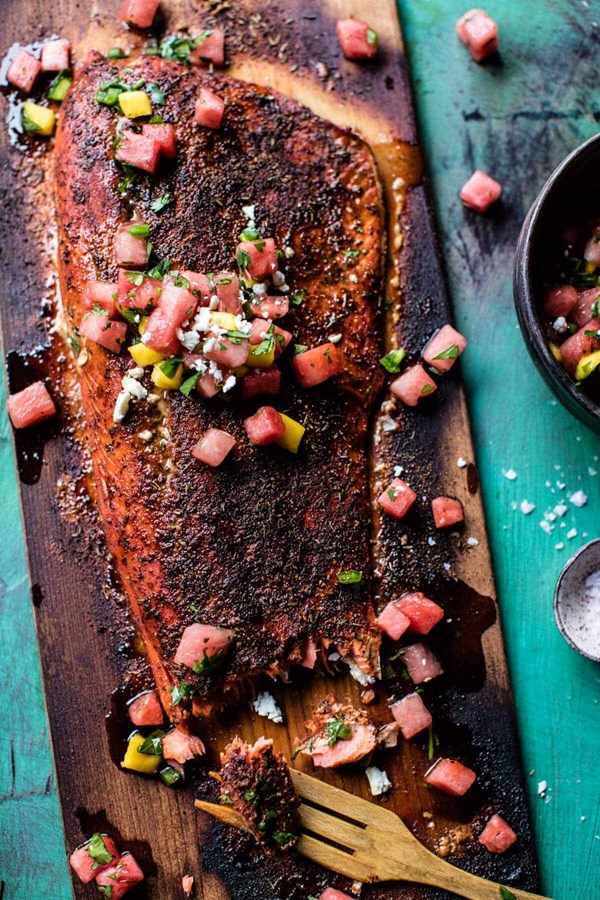 Cedar plank salmon with watermelon feta salsa