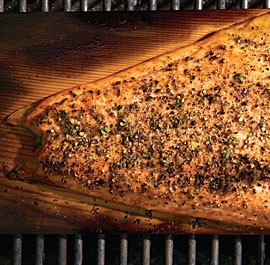 Cedar-planked lemon-pepper salmon with horseradish-chive sauce