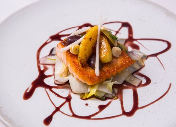 Cedar planked salmon with endive, apple and olives