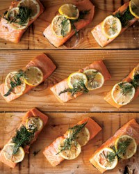 Cedar-planked salmon with lemon and dill