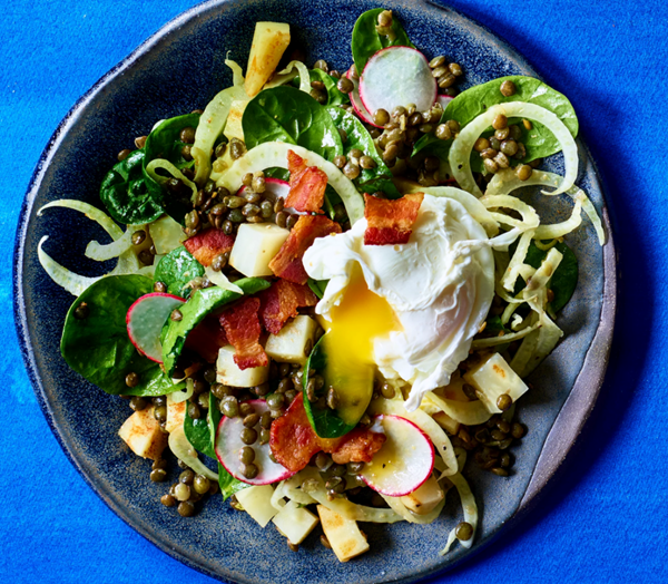 Celeriac & lentil salad with poached eggs
