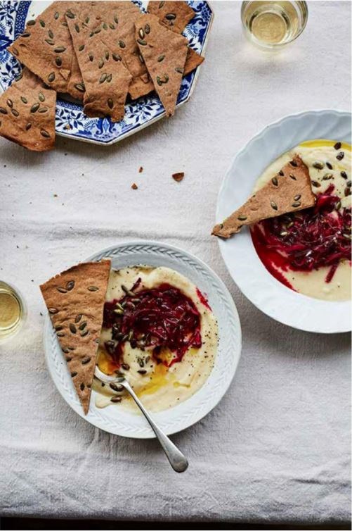 Celeriac and apple soup, beetroot sauerkraut and buckwheat crackers