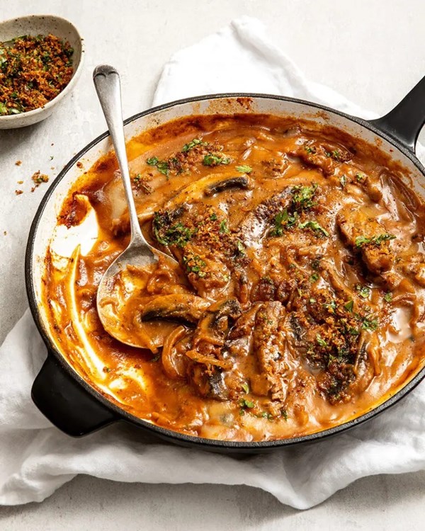 Celeriac and beef Stroganoff with crispy thyme crumbles 