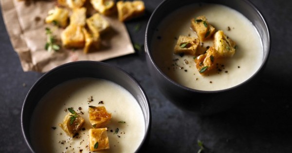 Celeriac and cheddar soup with thyme croutons