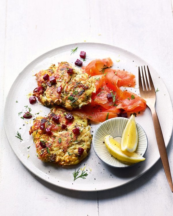 Celeriac and fennel potato latkes with smoked trout 