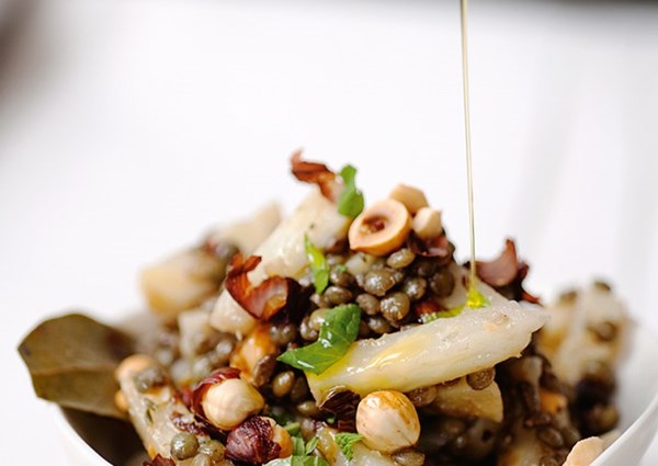 Celeriac and lentils with hazelnuts and mint