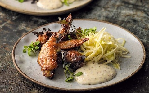 Celeriac and mustard-glazed chicken wings with celeriac and apple salad