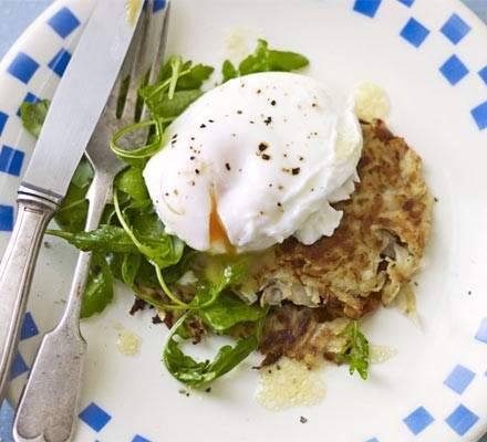 Celeriac and potato rösti with poached eggs