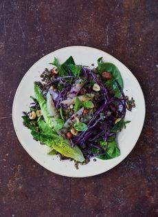 Celeriac and Puy lentils with hazelnuts, red cabbage and mint