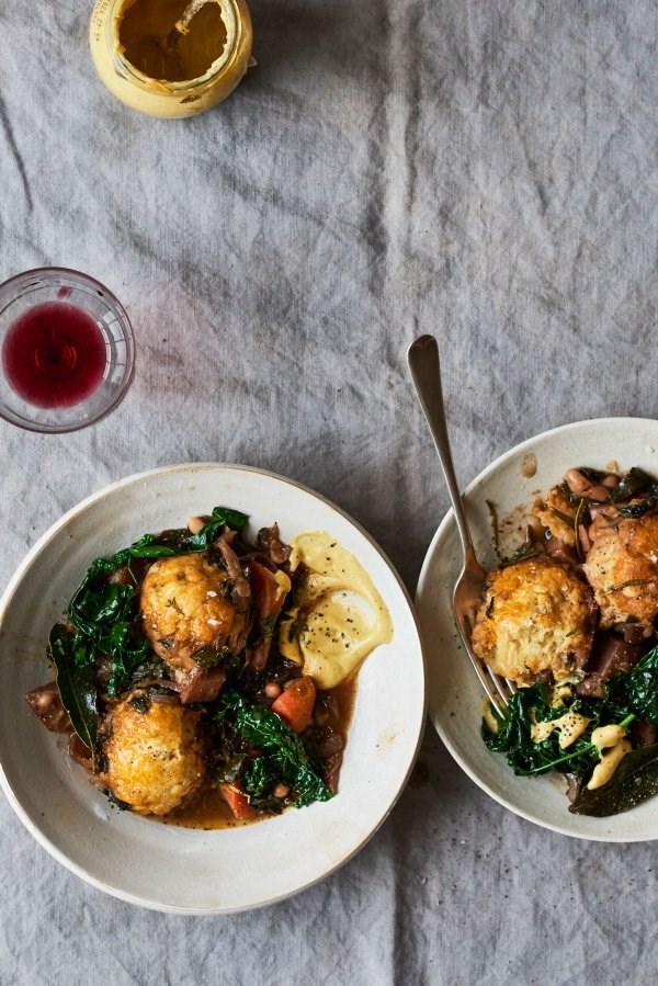 Celeriac and red wine stew with cheddar dumplings
