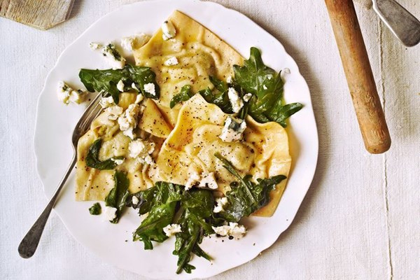Celeriac and sage ravioli with kale and blue cheese