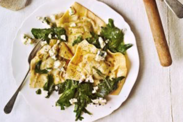 Celeriac and sage ravioli with kale and blue cheese