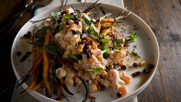 Celeriac, apple and kale slaw with sour cream, dehydrated anchovy and roast garlic dressing