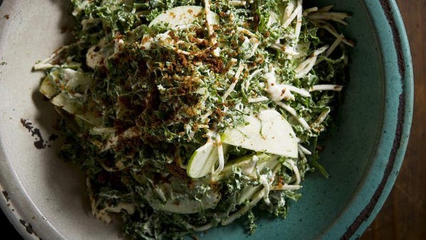 Celeriac, apple and kale slaw with sour cream, anchovy and roast garlic dressing