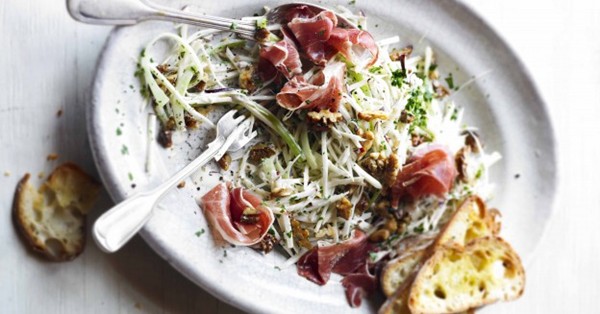 Celeriac, apple and walnut salad with prosciutto