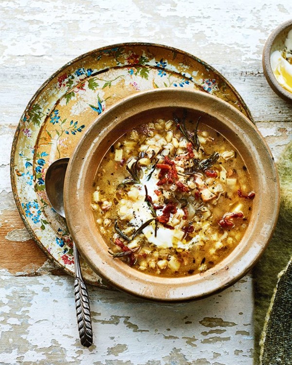 Celeriac, bacon and barley soup