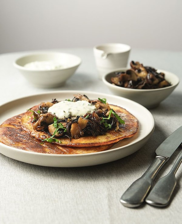 Celeriac boxty pancake with maple mushrooms and herbed sour cream