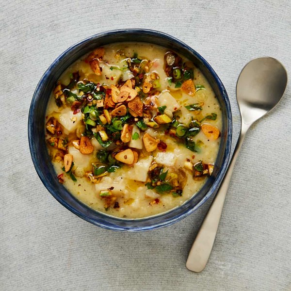 Celeriac, garlic and rice soup with lemon salsa