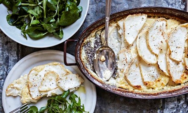 Celeriac gratin with cracked black pepper