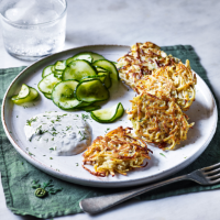 Celeriac latkes with quick pickled cucumbers
