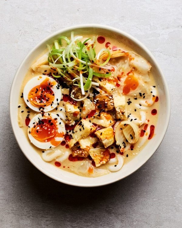 Celeriac, miso and tahini noodle soup