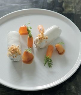 Celeriac, mushroom and almond 'cannelloni' with saffron eschalots