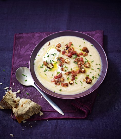 Celeriac, pancetta and hazelnut soup