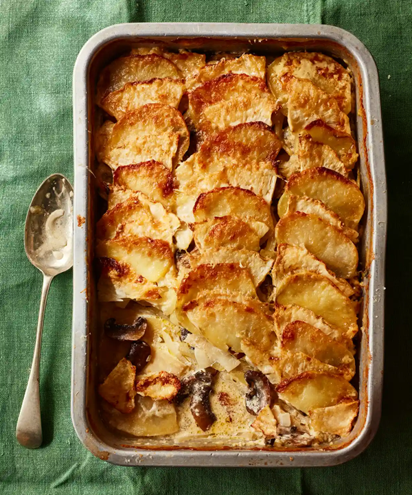 Celeriac, potato and mushroom gratin