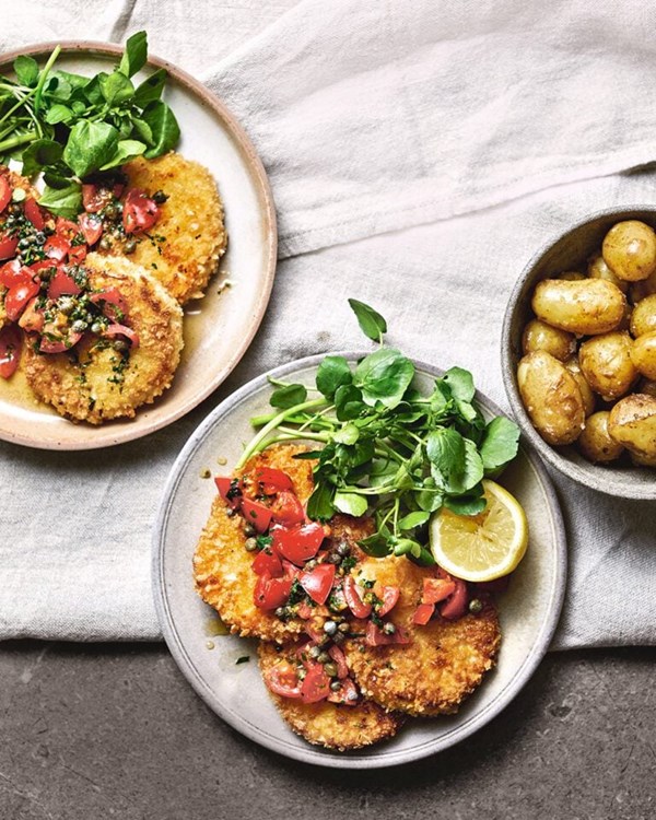 Celeriac schnitzels with brown butter, tomato and caper sauce 