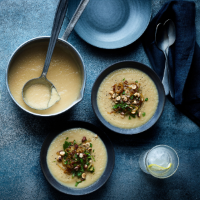 Celeriac soup with caramelised onions and hazelnuts