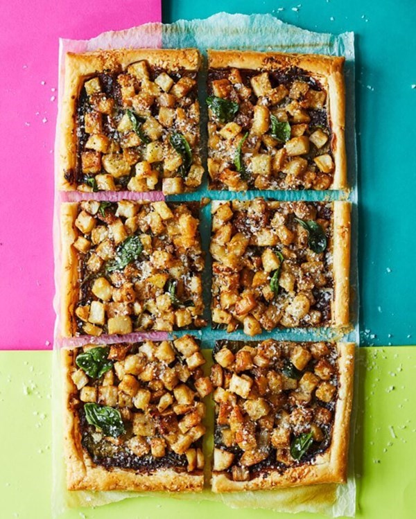 Celeriac, spinach and black garlic ‘Parmie’ tart