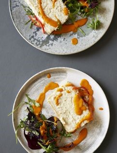 Celeriac terrine with red pepper sauce