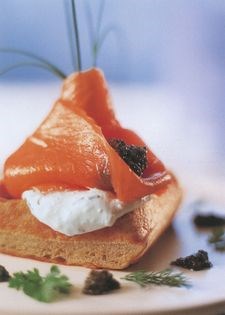 Celeriac waffles with smoked salmon, horseradish cream and caviar