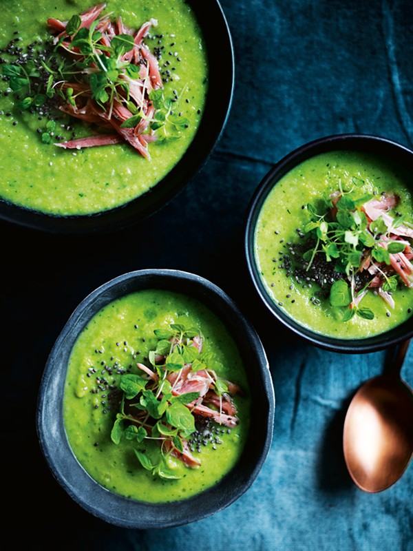 Celeriac, watercress, pea and ham hock soup