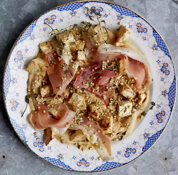 Celeriac with buckwheat and ham