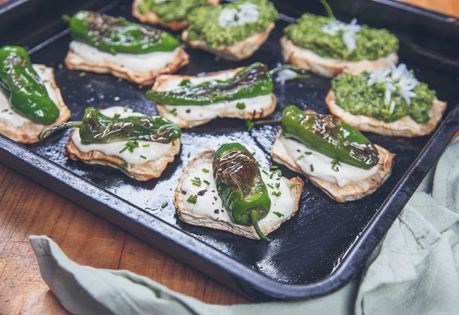 Celeriac/celery root with macadamia ricotta and padrón peppers