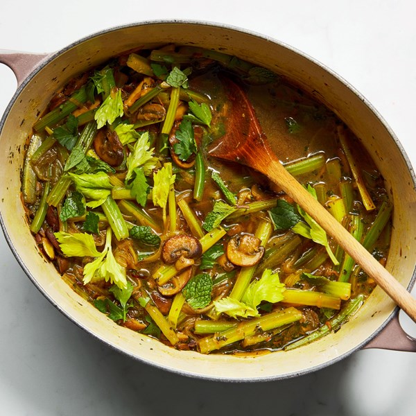 Celery + mushroom khoresh (Khoresh-e karafs)