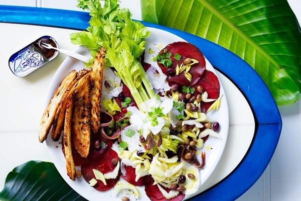 Celery, anchovy, black olive and bresaola antipasto