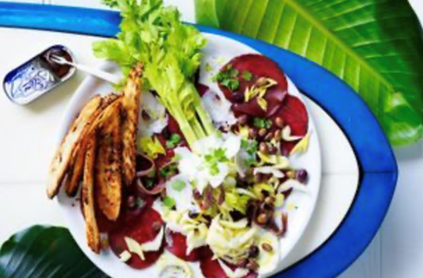 Celery, anchovy, black olive and bresaola antipasto