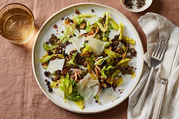 Celery and lentil salad with tossed salsa verde 